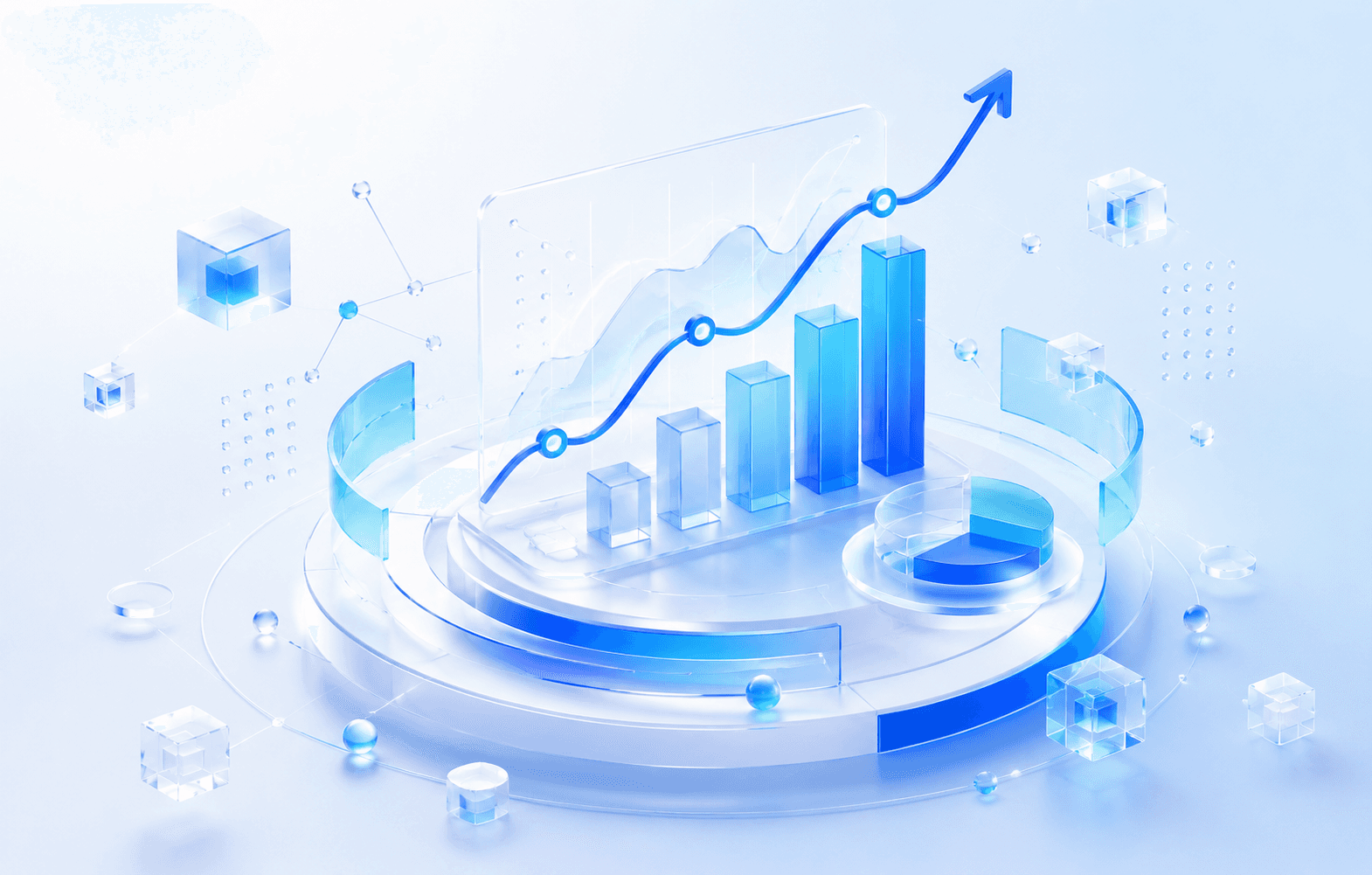 3D analytics illustration showing business growth and data intelligence